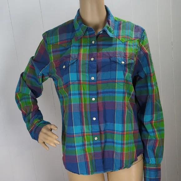 Ralph Lauren Colorful Green & Blue Plaid Snap Button-Up Shirt Large - Picture 2 of 11